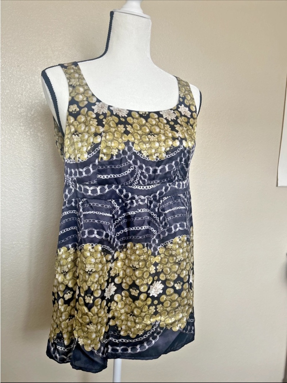 CAbi Black Tank Top with Gold Floral & Chain Print
